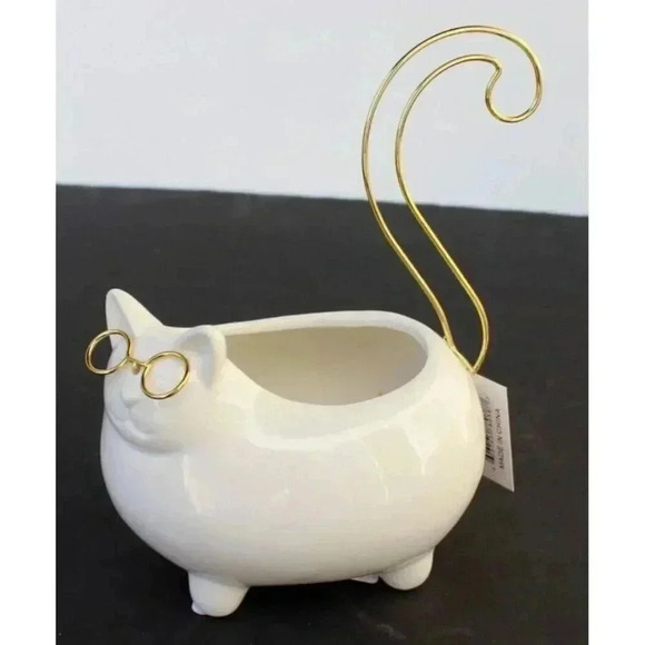New White Gold Ceramic Groovy Cat W/ Glasses Trinket Dish Vase Coin Jewelry Tray - Picture 4 of 4